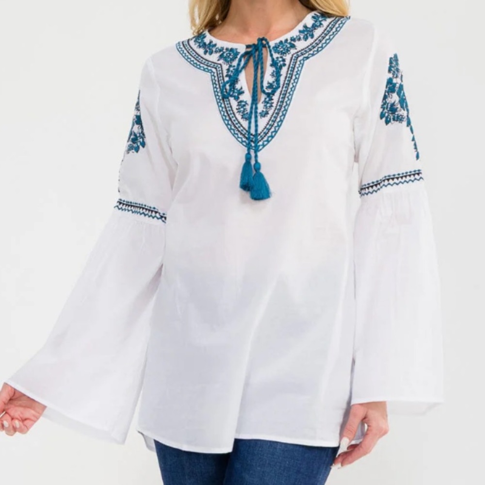 Women’s Long Bell Sleeve V-Neck Embroidery Detailed Tunic Blouse